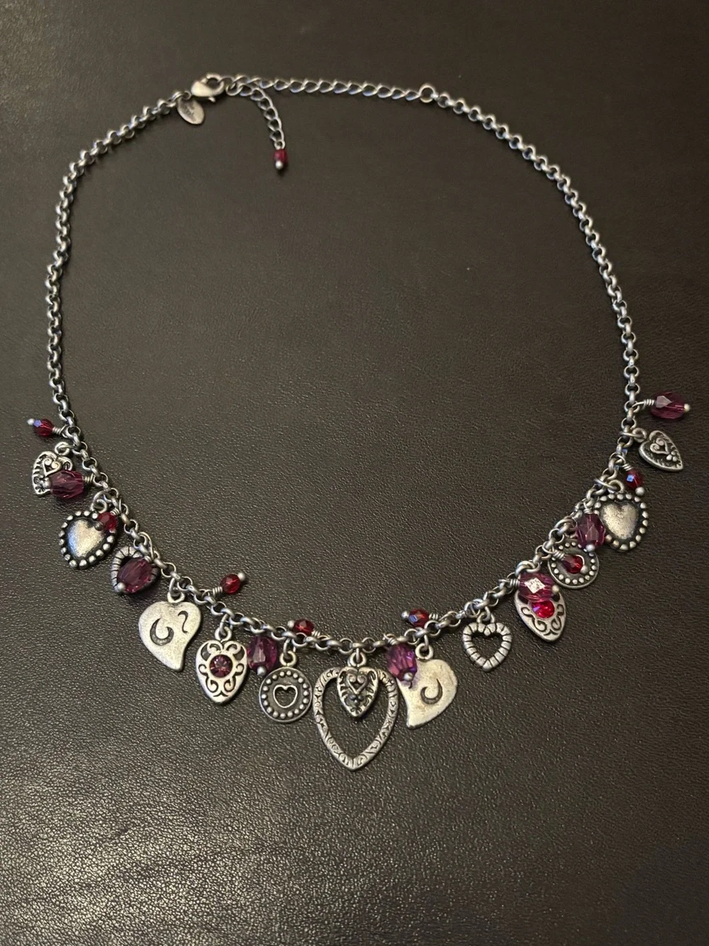 Lia Sophia Silver-Tone Heart Charm Necklace with Ruby Beads - Picture 2 of 4